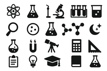 Science and Education Solid Icon Set, Laboratory and Research Tools Collection, Vector Cartoon Illustration with Transparent Background, Chemistry, Biology, Physics Equipment Symbols