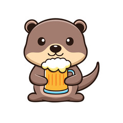 A cute otter enjoying a mug of beer, a fun cartoon style character design. The otter is holding a frothy glass of beer and looking at you