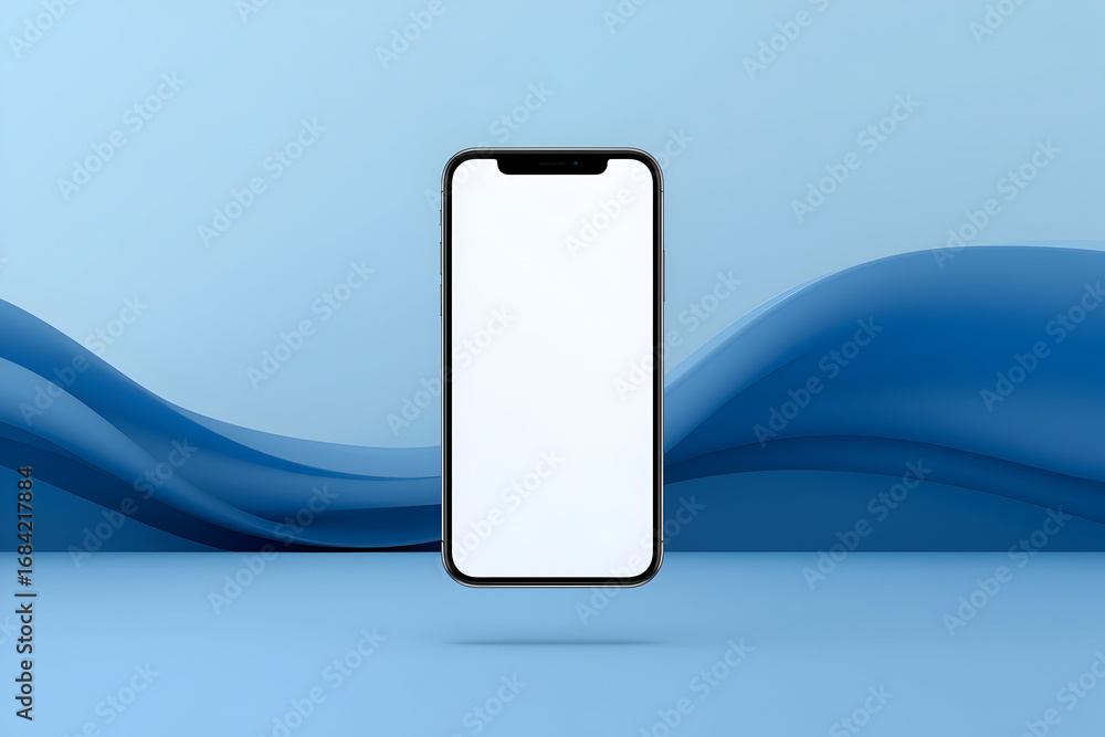 Poster modern smartphone floating on a blue, wavelike abstract pattern ideal for showcasing apps