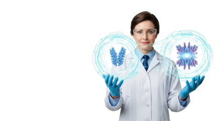 Scientist Showcasing Protein Structures with Futuristic Digital Displays Highlighting Genetic Research and Molecular Biology Innovations