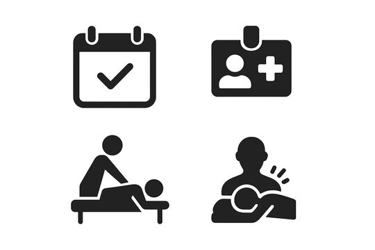 Massage therapy solid glyph icons. Spa treatment, physiotherapy, back and shoulder pain relief. Masseur, client, appointment calendar and therapist badge vector pictograms set.