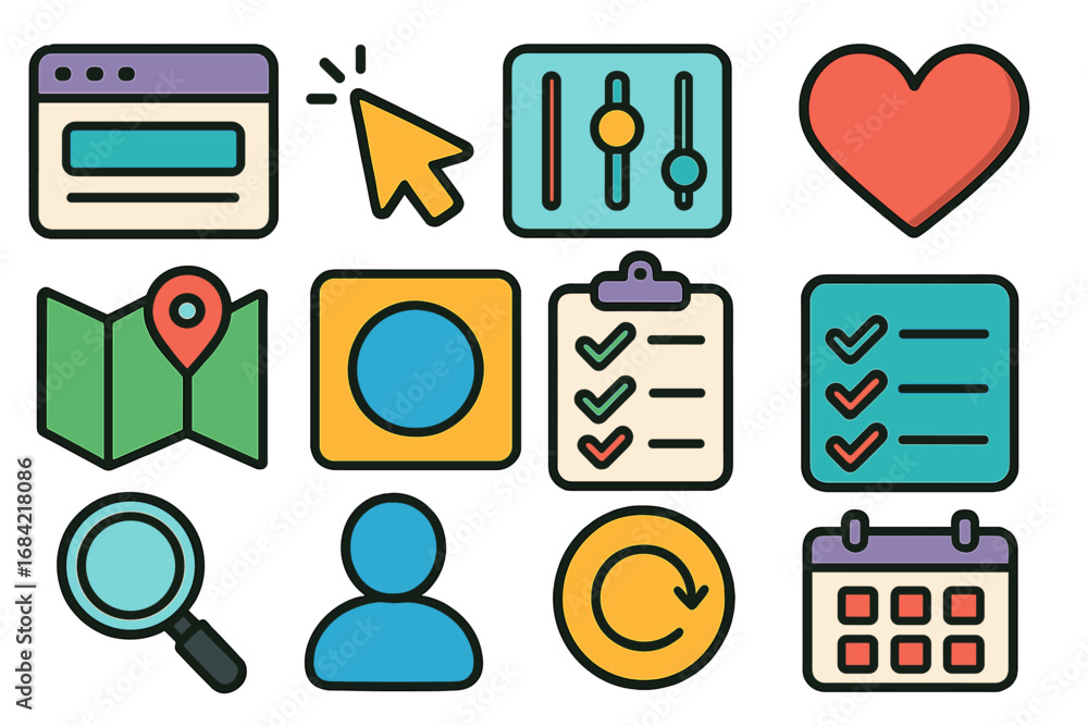 Poster colorful ui ux icon set for web and mobile app interface design. flat line style vector collection. 