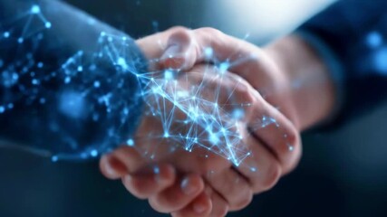 Two business professionals shaking hands with a digital network overlay symbolizing partnership and innovation - Powered by Adobe