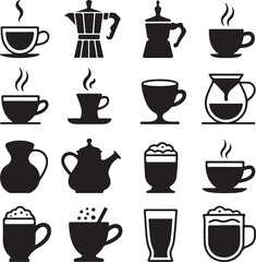 Collection of black silhouette icons for coffee and tea beverages espresso