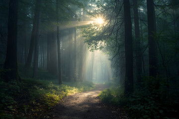 Obraz premium Mystical Forest Path Bathed in Sunlight, Serene Nature Scenery with Sunbeams Illuminating Trees