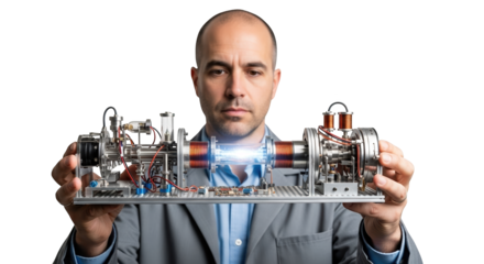 Scientist holding an advanced complex scientific device with glowing plasma in the center displaying technological innovation and scientific discovery