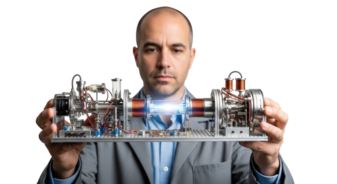 Scientist holding an advanced complex scientific device with glowing plasma in the center displaying technological innovation and scientific discovery