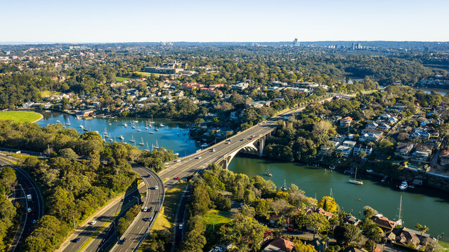 Panoramic view of western sydney and Gladesville Bridge over the Parramatta River.