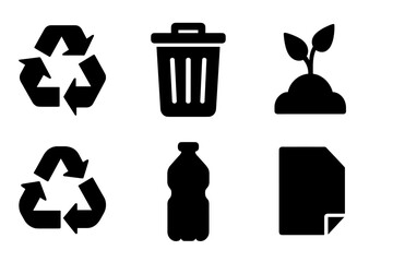 Recycling and waste management solid icon set. Vector glyphs for trash sorting. Includes recycle arrows, rubbish bin, compost, plastic bottle, paper. Ecology concept.