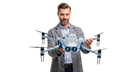 Experienced Professional Holding Advanced Futuristic Drone Technology with Intricate Design and Glowing Components for Aerial Operations and Surveillance