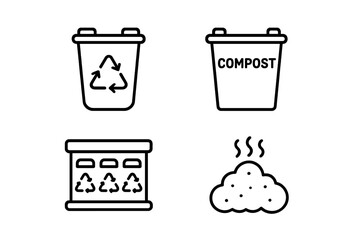 Recycling and composting outline icon set. Waste management, garbage sorting symbols. Vector collection includes recycling bin, compost container, sorting station, compost pile.