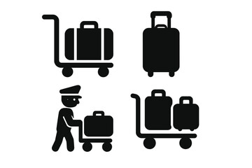 Travel Icon Set with Solid Filled Travel and Baggage Assistance Symbols, Luggage Trolley, Suitcase with Handle, Airport Porter, Vector Cartoon Illustration for Travel and Transport Concepts