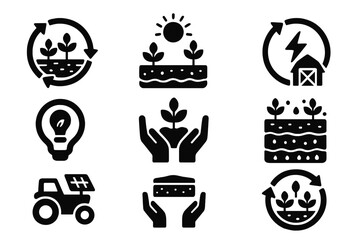 Sustainable Agriculture Icons Solid Filled Vector Set Featuring Crop Rotation, Soil Health, Renewable Energy, Solar Powered Farm Machinery, and Eco-friendly Farming Practices on Transparent Background