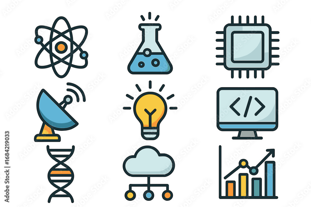 Poster science and technology icon set. vector collection of modern flat icons for data visualization, inno