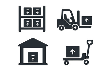 Warehouse Icons Set with Solid Filled Design, Including Storage Racks, Forklift, Loading Dock, Pallet Jack, and Shipping Symbols, Vector Cartoon Illustration for Industrial and Logistics Use