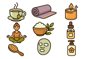 Wellness and self-care icon set. Yoga, meditation, tea, and spa essentials for a mindful lifestyle. Health and relaxation concept. Vector cartoon flat illustration collection.