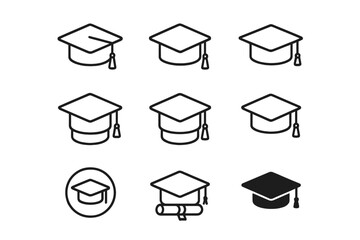 Graduation cap line icon set. Academic mortarboard vector collection. University education and college degree symbol. Student ceremony and success concept. Editable stroke.