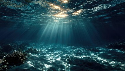 Sunlight beams through dark underwater depths, illuminating seabed