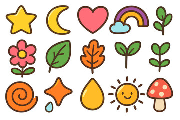 Cute nature icon set. Kawaii cartoon collection of star, moon, heart, rainbow, flower, leaf, sun, mushroom. Simple flat vector illustration for kids and creative design.