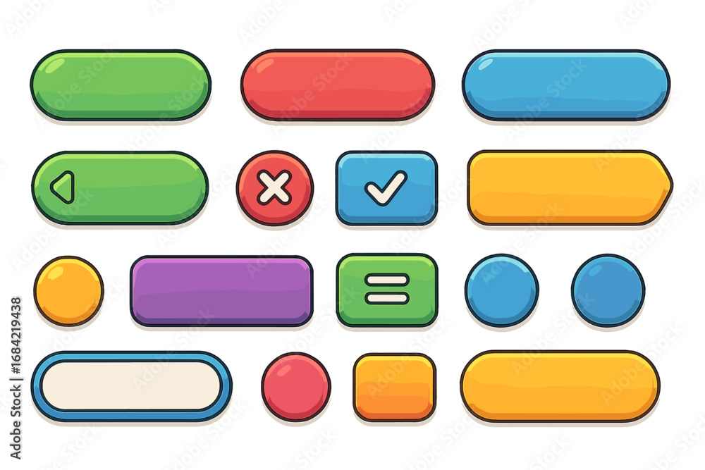 Fototapete colorful cartoon ui button set for web and mobile apps. modern user interface element kit. vector il