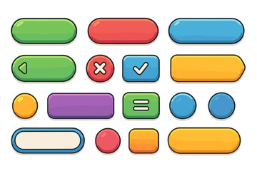 Colorful cartoon UI button set for web and mobile apps. Modern user interface element kit. Vector illustration of glossy game buttons, navigation icons, and web design elements.