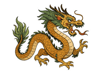 Obraz premium Traditional Chinese dragon vector illustration. Asian fantasy mythological creature. Golden Japan oriental legend mascot. Engraving style vintage art for tattoo, print, logo.