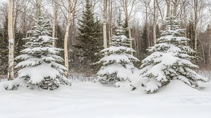 Fototapeta premium Three Snow Covered Evergreen Trees Winter Forest Scene
