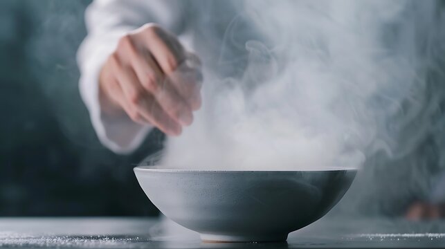 Chef adds finishing touch to steaming bowl of food
