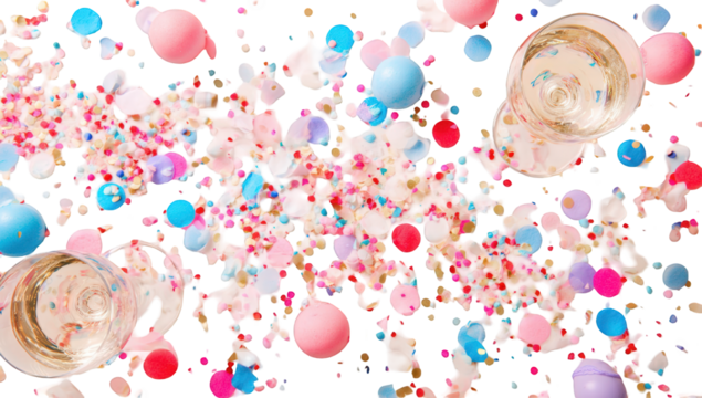 Colorful sprinkles and balloons in mid-air