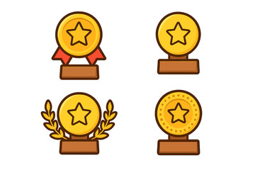Gold award trophy cup set with star. Winner prize icons. Golden leadership achievement symbol. Victory celebration, first place champion sign. Vector cartoon illustration collection.