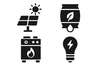 Sustainable Living Icons Solid Filled Vector Set of Eco-Friendly Solar Panel, Water Barrel, Efficient Stove, Low Energy Light Bulb Designs on Transparent Background