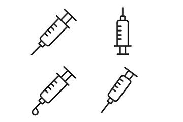 Syringe injection and vaccination vector icon set. Medical and healthcare concept. Immunization, treatment, dose of medicine or drug. Simple linear pictogram for web, apps.