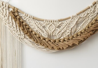 Fototapeta premium Intricately woven macrame wall hanging showcasing detailed patterns and textures in neutral tones