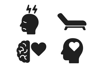 Mental health solid glyph icon set. Stress, headache, anxiety symbol. Psychotherapy, counseling session couch. Brain and heart balance, emotional intelligence, self love concept.