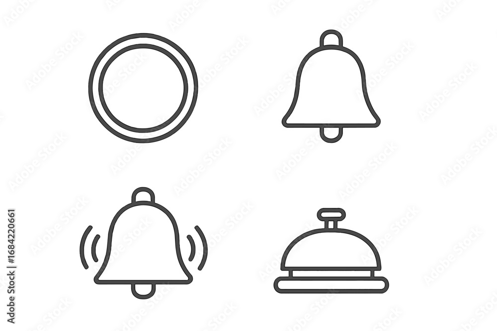 Poster bell notification and alarm line icon set. includes service bell, ringing alert, and subscribe butto