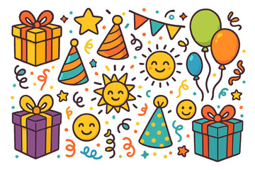 Set of cute birthday party doodle elements. Colorful celebration vector cartoon icons with gifts, party hats, balloons, and confetti for festive holiday design. Hand-drawn clipart.