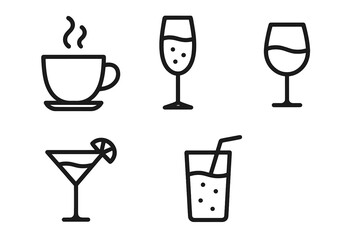 Drink and beverage outline icon set. Vector line art collection with coffee, wine, cocktail, champagne, juice. Simple minimal symbols for bar, cafe, menu, web. Editable stroke.