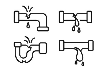 Broken pipes icon set. Leaking pipeline, water damage, and plumbing problems concept. Burst tube with water drops. Thin line vector illustration with editable stroke for web and apps.