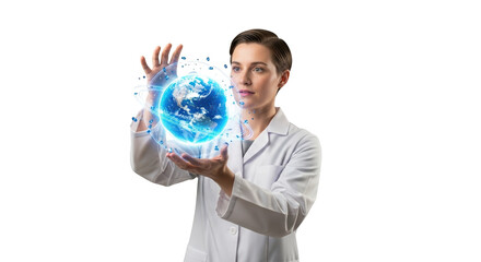Scientist Holding a Glowing Blue Earth Sphere Surrounded by Digital Connections and Data Streams in a Futuristic Laboratory Setting