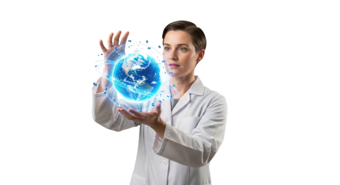 Scientist Holding a Glowing Blue Earth Sphere Surrounded by Digital Connections and Data Streams in a Futuristic Laboratory Setting