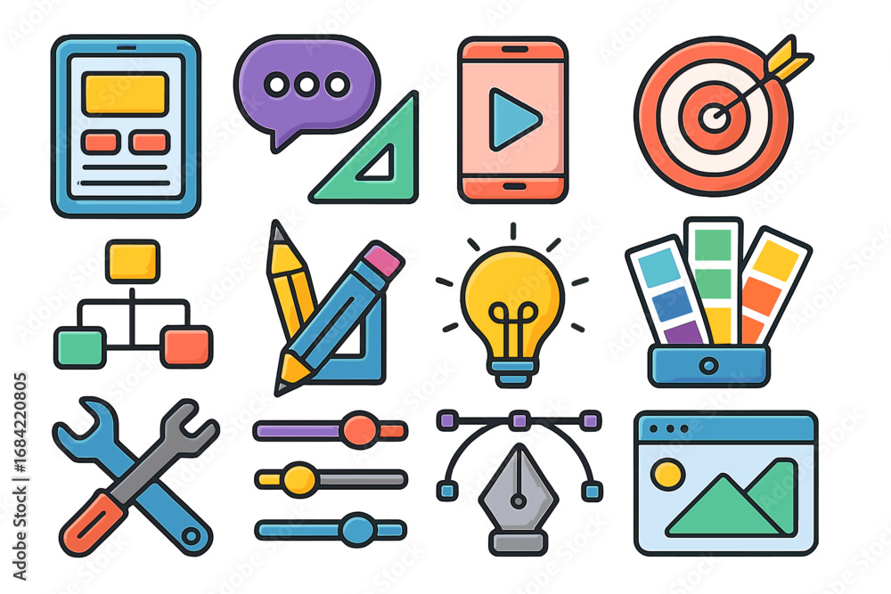 Aufkleber ui ux icon set for web and graphic design. digital technology symbols for mobile app development, us