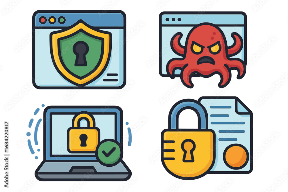 Poster cybersecurity icon set for online safety. digital security concept with virus, malware, and data pro