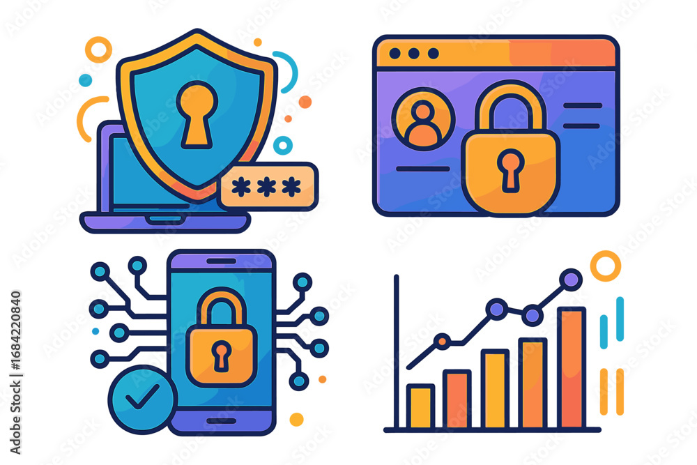 Aufkleber cybersecurity and data analytics icon set. vector illustrations of digital shield, password protecti