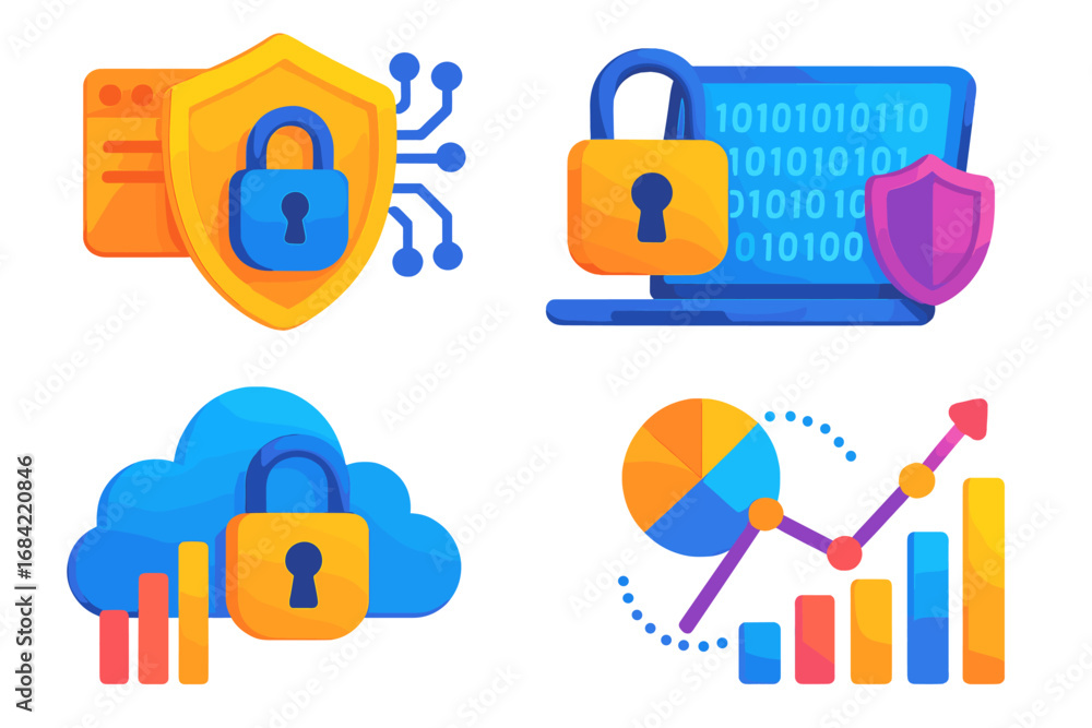 Aufkleber cyber security icon set for data protection and analysis. secure cloud computing, financial growth c