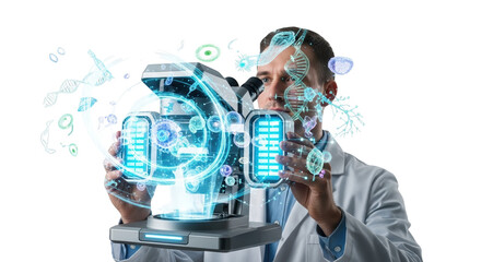 Scientist analyzing holographic data with advanced microscope technology showcasing DNA structures and cellular components for medical research breakthroughs
