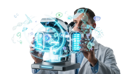 Scientist analyzing holographic data with advanced microscope technology showcasing DNA structures and cellular components for medical research breakthroughs