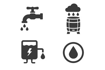 Sustainable Water Icon Set, Solid Filled Vector Illustrations of Eco-Friendly Water Use, Low-Flow Faucet, Rain Barrel, Greywater System, Water Conservation Symbols on Transparent Background