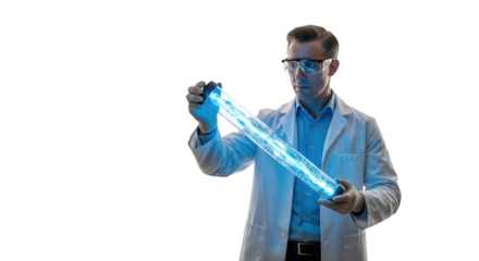 Scientist in Lab Coat Examines Glowing Futuristic Data Tube with Advanced Technology