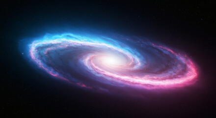 Stunning view of a swirling spiral galaxy, a celestial body with vibrant neon colors representing cosmic power and mystery