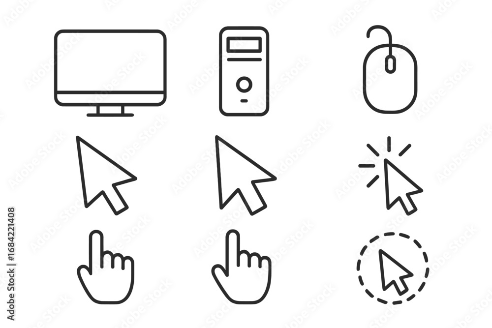 Fototapete computer cursor and pointer line icon set. pc, monitor, mouse device, arrow and hand symbols. vector